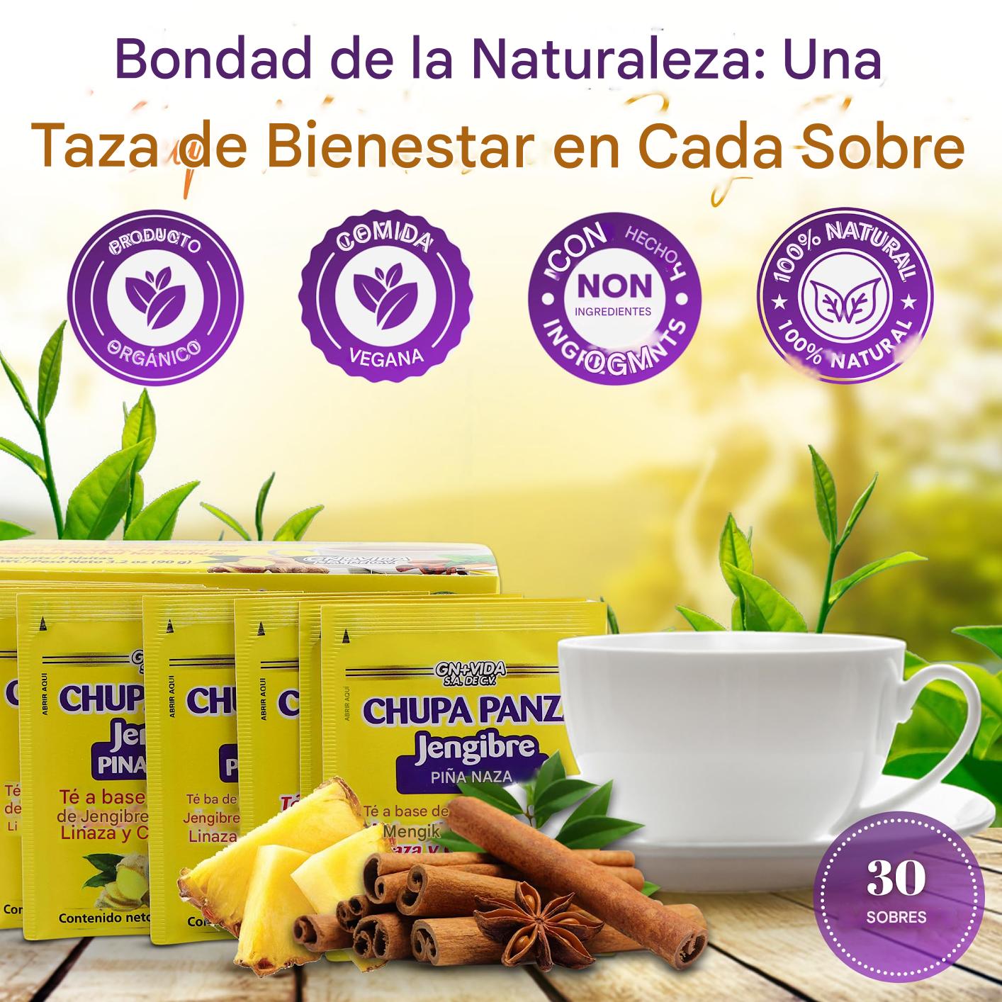 Té GN+Vida CHUPA Panza, a base de raíz de jengibre, piña, linaza y canela