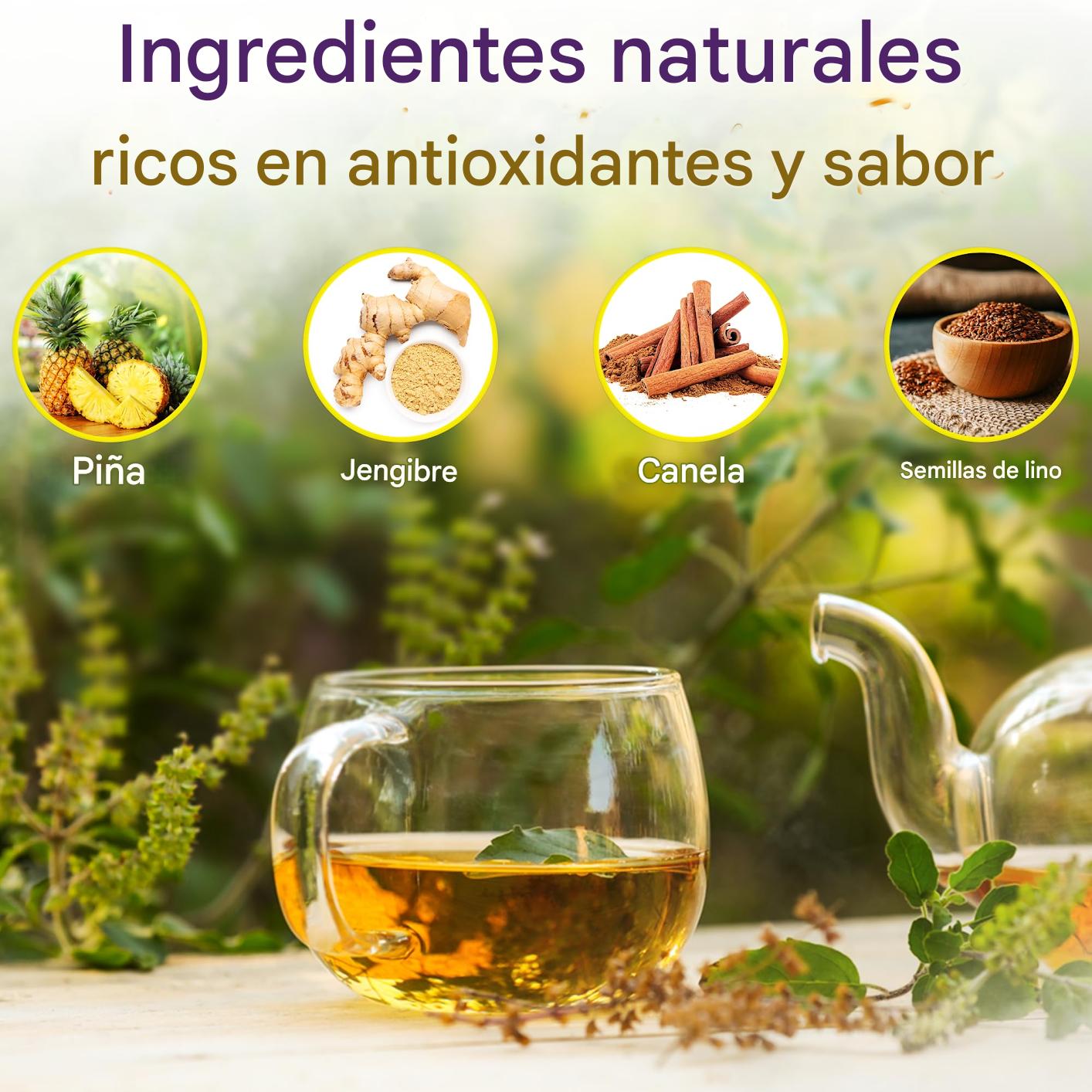 Té GN+Vida CHUPA Panza, a base de raíz de jengibre, piña, linaza y canela
